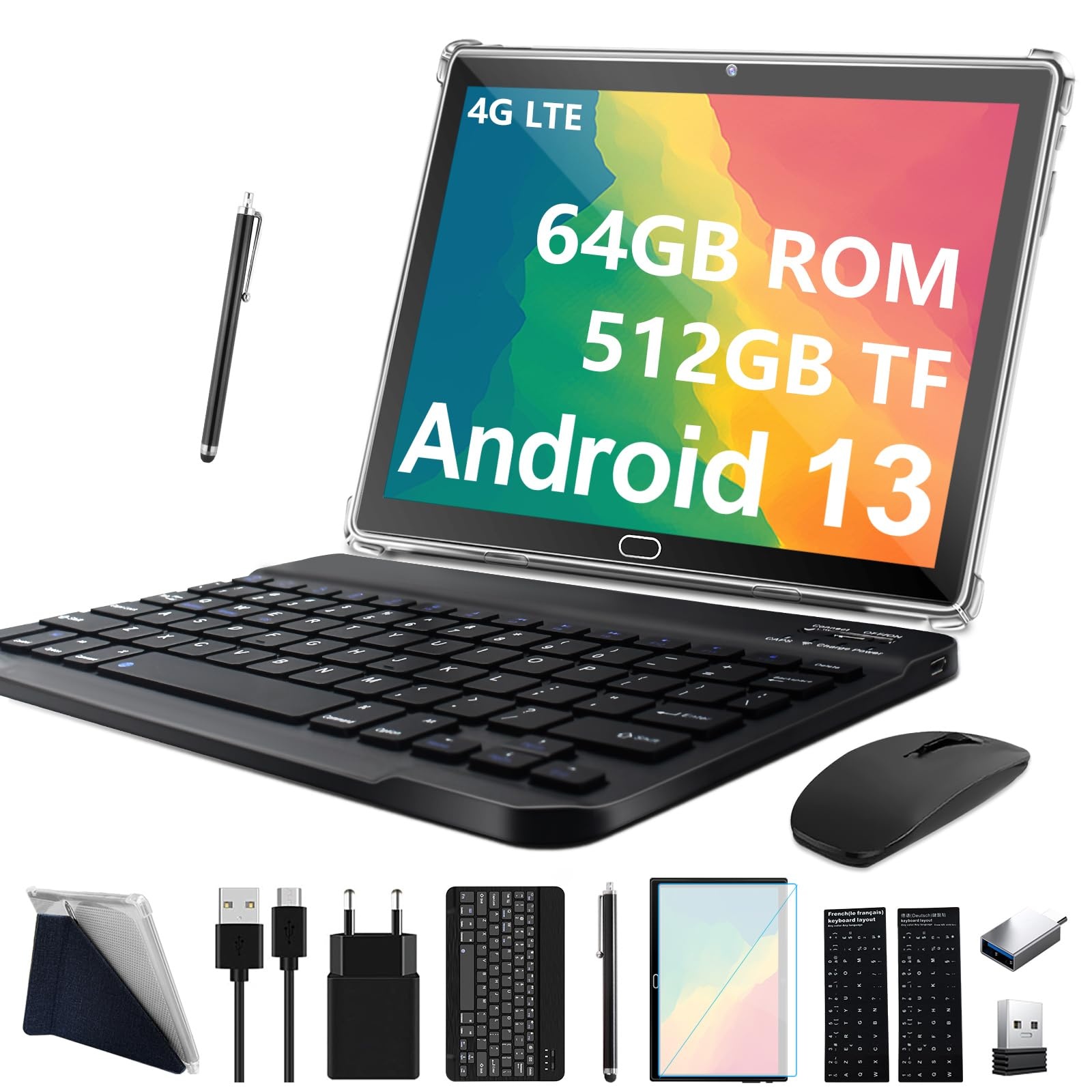 2024 Neueste Tablet 10 Zoll Android 13, 4G LTE Tablets Mit 2 SIM 1 SD, 3-in-1 Tablet Mit Tastatur Maus Stift-64GB ROM 512GB TF |Octa-Core |1080P FHD |13MP |6000mAh |Bluetooth |WLAN GPS Typ C--Schwarz