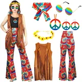 Hippie Kostüm Damen Retro Set- 60er 70er Hippie Accessoires Fransenweste Schlaghose Damen Bekleidung Damen Disco Outfit Kleidung Frau Brille Halskette Regenbogen Faschingskostüm Karneval Kostümparty - S