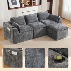 Okwish Dreisitzer Ecksofa mit Hocker, Kissen, Getränkehalter und 2 Seitentaschen, In Chenille Grau