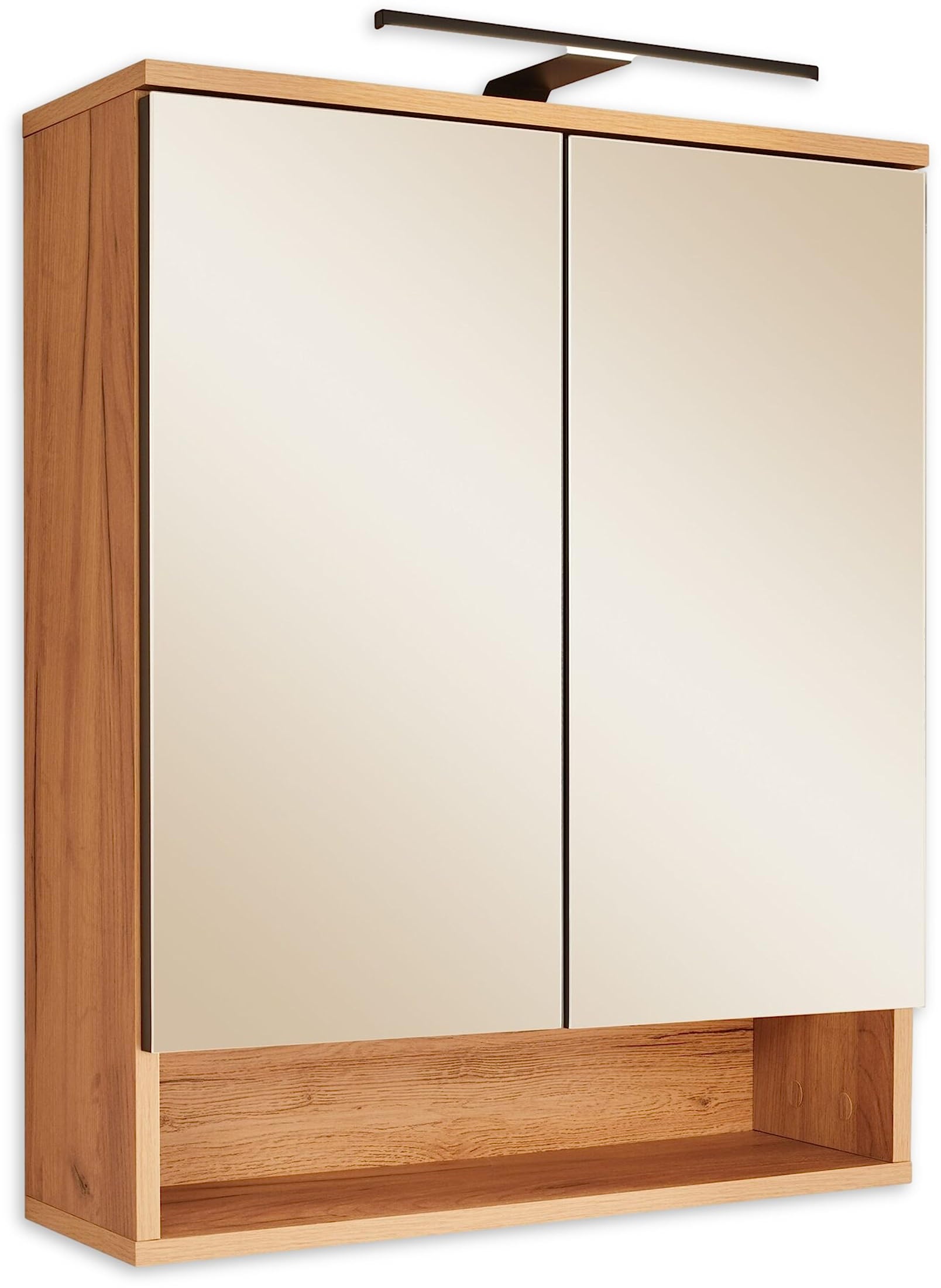 RIOM Spiegelschrank Bad mit LED-Beleuchtung in Artisan Eiche Optik - Badezimmerspiegel Schrank mit viel Stauraum - 60 x 75 x 22 cm (B/H/T)