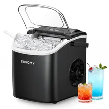euhomy Eiswürfelmaschine Klein, 12KG Eiswürfelbereiter Ice Maker, 9 Würfel in 6 Minuten fertig, Schwarz Eiswürfelmaschine mit Tragbarem Griff, 12KG/24H, Selbstreinigendes Eiswürfelmaschinen