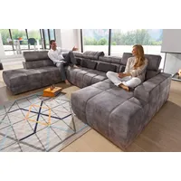 Wohnlandschaft DOMO COLLECTION "BRANDON whlw. mit Sitztiefenverstellung, whlw. Nierenkissen", grau (grau, braun), B:359cm H:80cm T:228cm, Kunstleder SOFTLUX;Luxus-Microfaser in Antikleder-Optik (100% Polyester);Luxus-Microfaser (100% Polyester), Sofas, Wohnlandschaft, mit Kopfteilverstellung, wahlweise Sitztiefenverstellung, U-Form