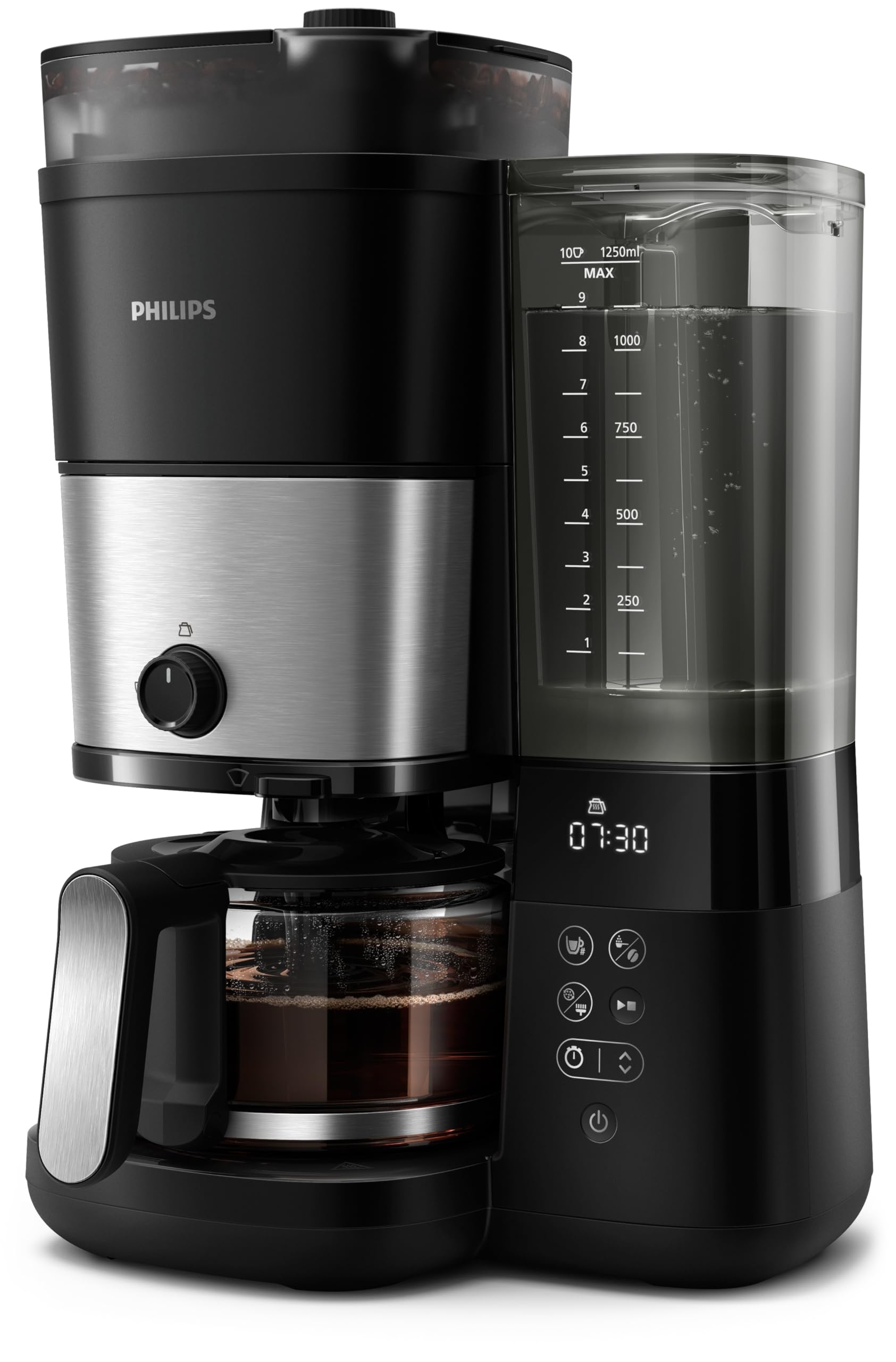 Philips All-in-1 Filterkaffeemaschine - integriertes Kegelmahlwerk für frische Bohnen - Zubereitung in einer 1,25-L-Glaskanne oder direkt in einer Tasse, Auswahl der Intensität (HD7900/50)
