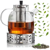 1.5L Teekanne mit Siebeinsatz und Deckel, Teekanne aus Glas Borosilikat, Glas Teebereiter mit Abnehmbare Siebeinsatz & Stövchen, Glasteekanne für Losen Tees Fruchttee Duftender Tee