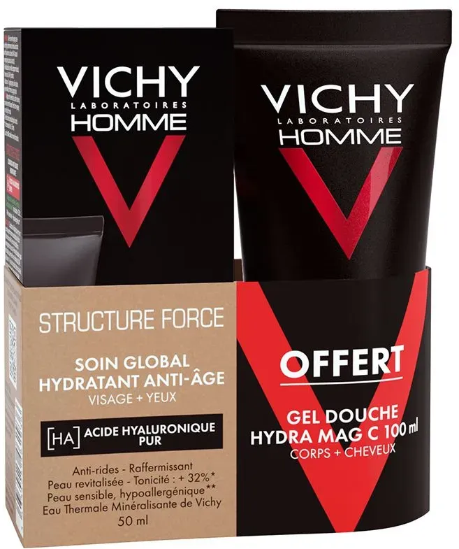 VICHY HOMME Structure Force Soin global hydratant anti-âge et HYDRA MAG C Gel douche OFFERT 1 pc(s) emballage(s) combi