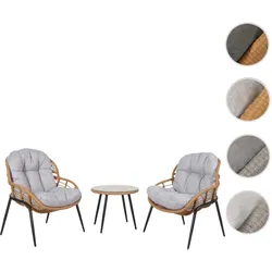 Poly-Rattan Garnitur HWC-N33, Balkon-Set Gartengarnitur Sitzgruppe Stuhl Beistelltisch ~ naturfarben, Polster hellgrau