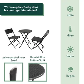 Lemodo Balkonmöbel Set 3-teilig, klappbar, 2x Balkonstühle + 1 runder Balkontisch, Rattan-Optik