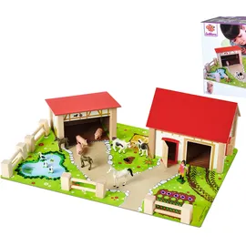 Eichhorn Bauernhof 100004309 - Bauernhof bestehend aus 2 Gebäuden, Spielplatte, Figuren, Tiere, Zäune, 20 teilig, Größe 36x51cm, Buchenholz, für Kinder ab 3 Jahren