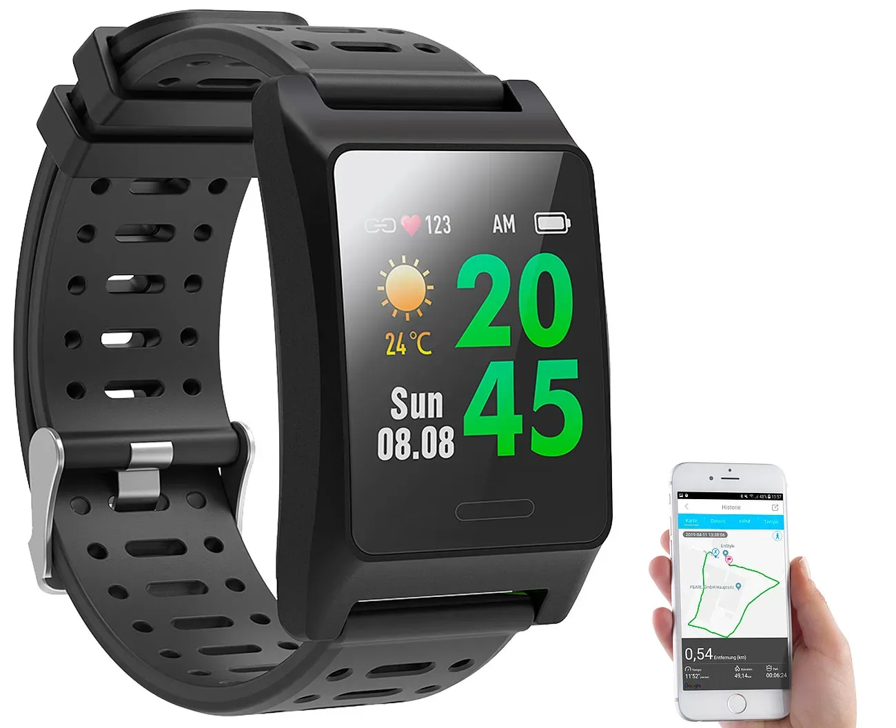 Fitness-GPS-Smartwatch, Herzfrequenz-Anzeige, Farb-Display, App, IP68
