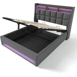 Merax Polsterbett, Baumwolle-Leinen Bezug Stauraumbett mit USB-Anschluss + LED 140x200cm, grau