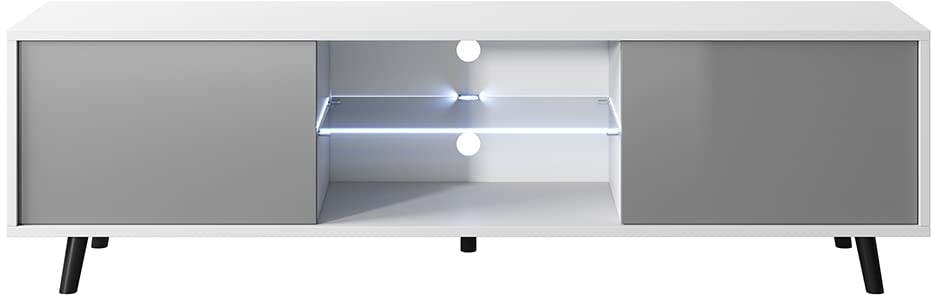 Selsey Lefyr – TV-Lowboard mit LED-Beleuchtung 140 cm (Weiß Matt/Grau Hochglanz)