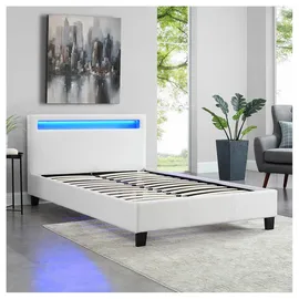 CARO-Möbel Polsterbett MIRASOL 120x200 cm, Weiß - Einzelbett mit LED Beleuchtung im Kopfteil, inkl. Fernbedienung, Jugendbett aus Kunstleder mit Lattenrost