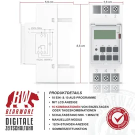 Bearware Zeitschaltuhr digital - für DIN Hutschienen im Verteilerschrank Schalttafeln - 2 Klemmen Input, 3 Klemmen Output - 16A/3680W