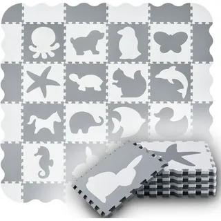 Juskys Puzzlematte Timon 36 Teile mit 16 Tieren - weiß