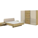Schlafzimmer-Set MUSTERRING "Savona, Kleiderschrank, Bett & Nachtkommoden, teilmassiv Bianco-Eiche", braun, Schrank 300cm Breit / 217cm Hoch + ohne Matratze, B/H: 180cm x 200cm, Schrank 300cm Breit / 217cm Hoch, Floatglas, Hartfaserplatte, Holz teilmassiv, Holzwerkstoff, Massivholz, Spanplatte, Schlafzimmermöbel-Sets, Kopfteil Kunstleder Champagner, Schrank mit Eiche- und Glastüren