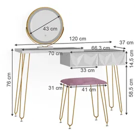 Vicco Schminktisch Bella Weiß, 120 cm mit LED Beleuchtung und Hocker