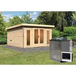 Karibu Aktionsangebot (inkl. 100 Euro Zubehör): Holz Gartensauna / Saunahaus "Mainburg 3",naturbelassen,369 x 369 x 229 cm (B x T x H), 3 Bänke