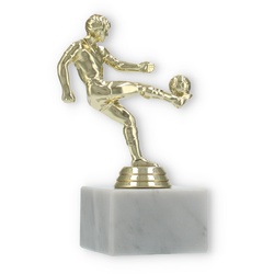Pokal Kunststofffigur Fußballspieler gold auf weißem Marmorsockel 15,0cm