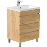 Lomadox Waschtisch FROME-02, 70 cm, stehend, Eiche, mit 3 Schubladen braun