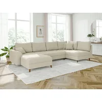 s-style möbel - Wohnlandschaft mit Braun Holzfüßen im skandinavischen Stil aus Beige Cord-Stoff, Ottomane links - Beige