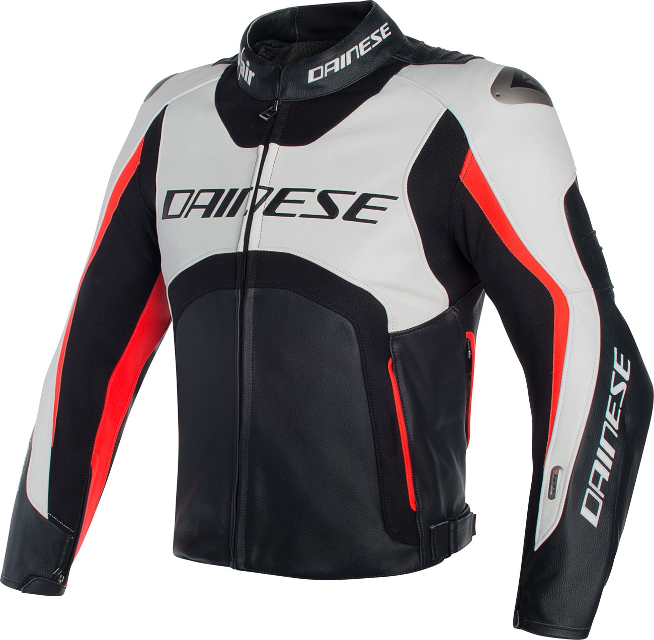 Dainese D-Air Misano, veste en cuir - Blanc/Noir/Rouge Néon - 44