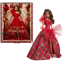 Barbie Holiday Barbie-Puppen, saisonales Sammlergeschenk, Signature, Kariertes Kleid mit roter Schleife, vorzeigbare Verpackung, hellbraunes Haar, HRM67