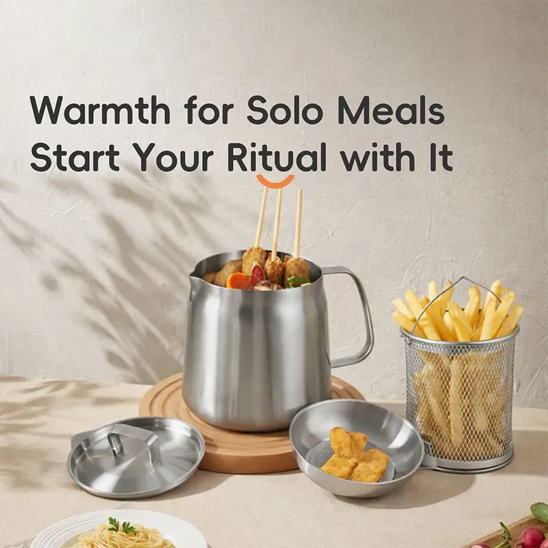 PURECOOK 304 Edelstahl Ölfiltertopf Serie – 2,0L 3-teiliges 304 Edelstahl Ölfiltertopf-Set (mit Edelstahldeckel, Sieb für das Abgießen von Öl und Frittierkorb)