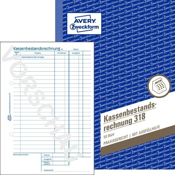 Avery Zweckform Kassenbericht Bestandsrechnung A5, ohne Durchschlag, nur Originale, allseitig gelocht, mit Mikroperforation, 50 Blatt