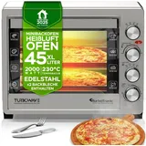 TurboTronic by Z-Line Minibackofen 45 L mit Grill, Umluft, Drehspieß & Timer XXL-Tischbackofen Edelstahl, für Pizza, Aufläufe, Braten Kompakter Mini-Backofen Doppelglastür silberfarben