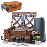 Picknickkorb-Set für 4 Personen, Weidenkorb Picknickkorb mit Isoliertem Kühlfach, Wasserdichter Decke und Besteck-Service-Set, Picknick Set für für Camping, Party im Freien und Familie/Paare Geschenke