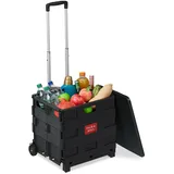 Relaxdays Einkaufstrolley, klappbar, Einkaufskorb mit Rollen, Deckel & Teleskopgriff, bis 35 kg, Rollkiste, schwarz/grau