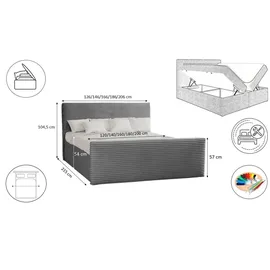 kaiser möbel Boxspringbett mit bettkasten und topper 140x200 TRENTO stoff Plüsch Cord Grau H3-Bonell - Grau