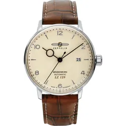 Zeppelin Herrenuhr LZ 129 Hindenburg 80625 - Beiges Ziffernblatt mit silbernen Zahlen/Indices,cognac,weiße Naht - 40mm