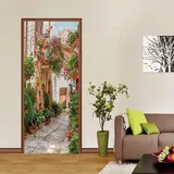 Selbstklebender Türaufkleber 100x200 cm – 3D Türtapete Gasse Blumen – Seide Türposter für Wohnzimmer Schlafzimmer Kinderzimmer Tür Dekoration
