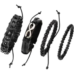 Armband Set FIRETTI "Infinity/Unendlichkeitsschleife", schwarz (metallfarben, schwarz), Armbänder, Herren, Metall-Leder-Textil, Metall, Leder, Textil, mit Holzperlen