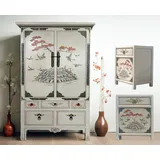 OPIUM OUTLET Schlafzimmer-Set Asia Hochzeitsschrank mit 2 passenden Nacht-Kommoden, (Nachttische Nachtschränke Nachtkommoden Nachtkonsolen, Schrank Kommode hellgrau Vintage-Stil handbemalt), chinesisch asiatisch orientalisch, Asia Möbel komplett montiert grau