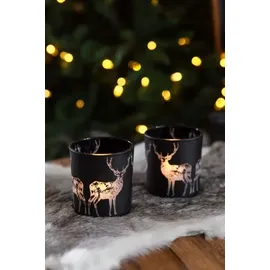 Edzard 2er-Set Teelichtglas Tiu, Höhe 8 cm, schwarz, Hirsch-Motiv