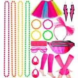 Tonsooze 80er Jahre Kleidung Damen Set, 21PCS Kostüm Accessoires 80er, Netzgarnrock, Netzhandschuhe, Bauchtasche, Stirnband, Halskette,Armband,Ohrring, Neon 80 Jahre Outfit Party Mädchen Kinder