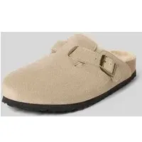 Hausschuhe aus echtem Leder mit Fell-Besatz Modell 'BOSTON', Taupe, 37