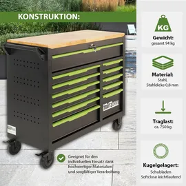 Trutzholm Werkstattwagen Star XL unbestückt 103 x 112 cm Stahl schwarz/grün 12 Schubladen Hartholzplatte