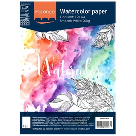 Vaessen Creative Florence 2911-6003 Aquarellpapier, A4, Weiß, 200 g/m2 Glattes Papier, 12 Blatt für Aquarellmalerei, Handlettering und Brush Lettering, stück