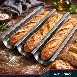 Wellgro Baguette-Blech - für bis zu 3 Baguettes - Baguetteblech mit Antihaftbeschichtung - 38,5 x 28,5 x 4 cm