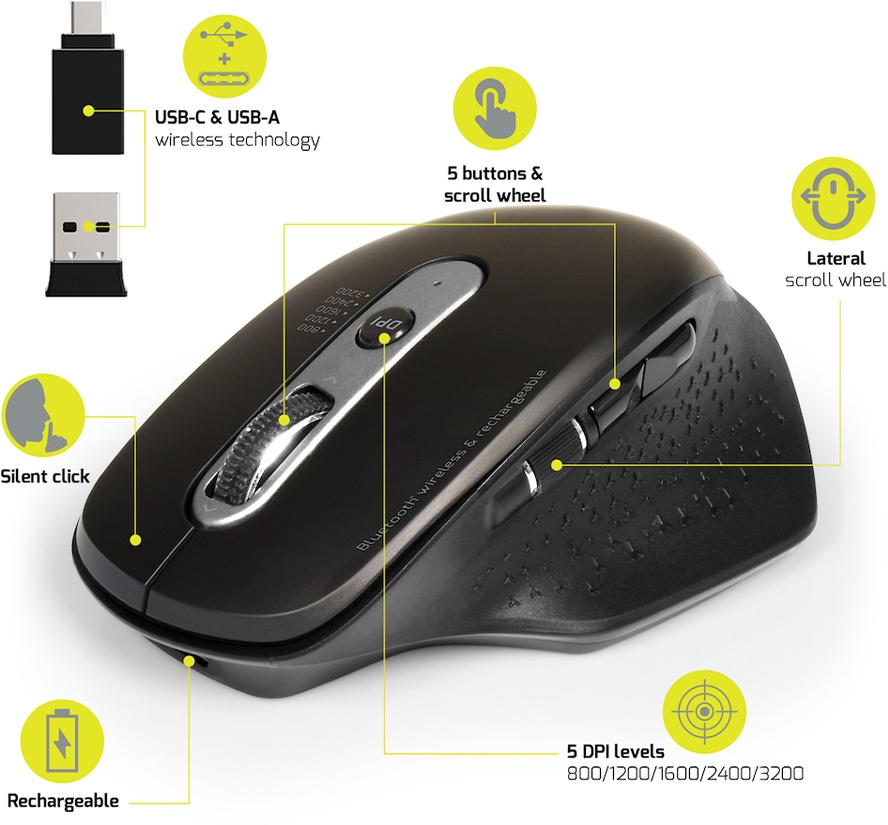 Port Designs Kabellose ergonomische Maus, Dual Mode, Max. 20m Reichweite, 5 Tasten, 2 Scrollräder, Max. 3200 dpi Auflösung