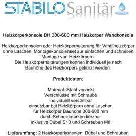 Sanicomfort 2x Heizkörperkonsole BH 300 400 500 600 mm Halterung Heizkörper