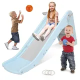 Kinderrutsche Rutsche Indoor ab 1 Jahr, Kinder Rutsche mit Basketballkorb und Zwinge, Gartenrutsche 170CM, Kunststoff Kleinkinderrutsche, Indoor Outdoor Rutsche für Kinder Spielplatz, Blau-Grau