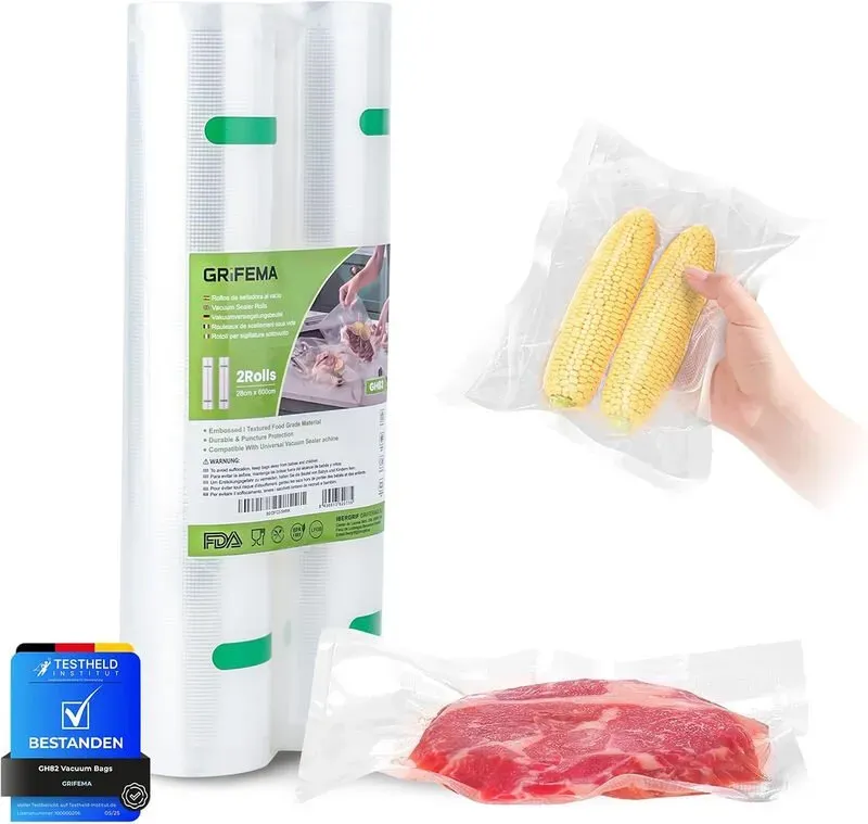 Grifema Vakuumierrollen Beutel 2 Pack (28cmx6m), BPA Freie Texturierte Beutel für Sous Vide Garen, Langzeit Fleischlagerung & Einfrieren