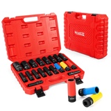 Meiwaltee 1/2 Zoll Schlagschrauber nüsse Set 10-32 MM, 19 tlg Impact Socket Set, Mit 3tlg Kraft Schoneinsatz Set 17-19 -21 MM Alufelgen Schonnüsse Radwechsel | Cr-Mo | 85MM Länge