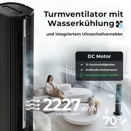 Balter 5-in-1 Ventilator mit Wasserkühlung - Luftkühler & Luftreiniger, Luftbefeuchter - Turmventilator mit Wasserkühlung - 15Std Timer - sehr leise