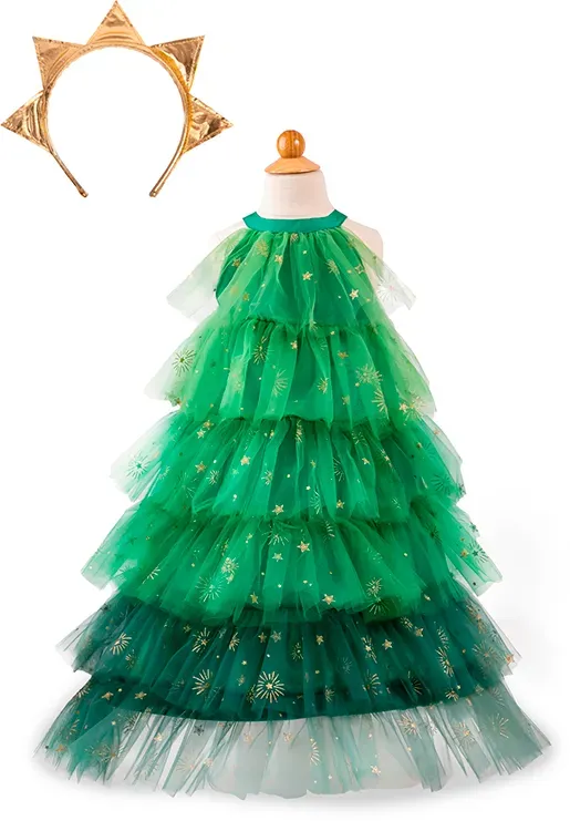 Weihnachtsbaum Kinderkostüm - Grün/Gold Tüll, 3-6 Jahre, Stern-Haarreif, maschinenwaschbar - Great Pretenders - Formstabil