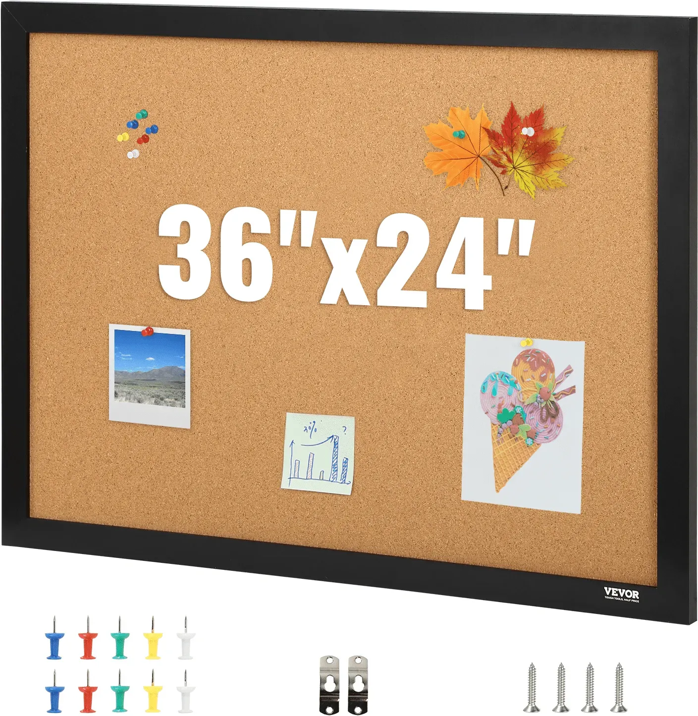 VEVOR Pinnwand Kork 559 x 864 mm, Pinnwand Kork Holzrahmen, Pinnwand aus Kork, Korkwand Pinnwand - Befestigungsmaterial und Druckstifte im Lieferumfang Enthalten, Holzrahmen, in Haushalten, Büros usw.